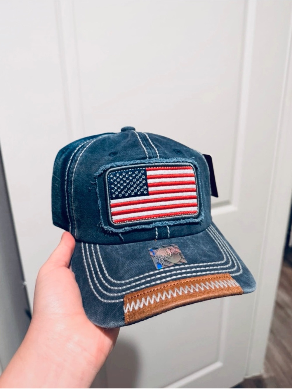 Men's Distressed Navy Baseball Cap with Embroidered American Flag Patch